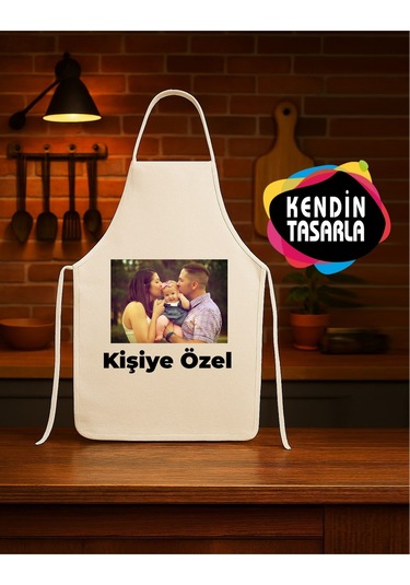 Kişiye Özel Fotoğraflı , Logo, Yazılı Mutfak Önlüğü Krem