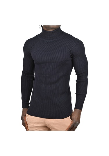 Deepsea Erkek Lacivert İnce Fitilli Tam Boğazlı Balıkçı Yaka Tüylenmeyen Triko Kazak 2505498 Lacivert