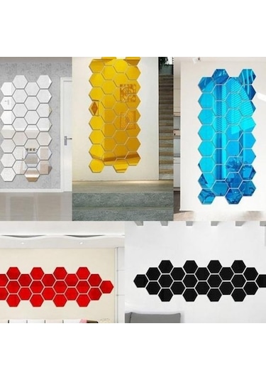 Kırmızı 12/24/28/30 Adet Altıgen Kendinden Yapışkanlı Ayna Etkisi 46 40 23mm Kırmızı