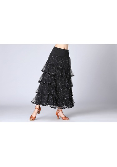 Sones Pullu Salıncak Modern Dans Uzun Etek Yarışma Kostümü Siyah