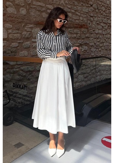 Beyaz Pileli Cepli Kadın Midi Boy Etek Mg2536 Beyaz