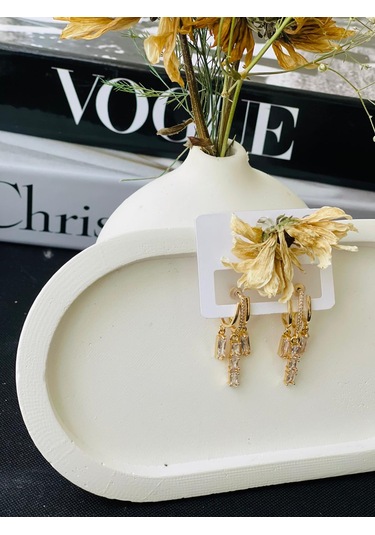 3 Lü Model Zirkon Taşlı Çelik Küpe Altın