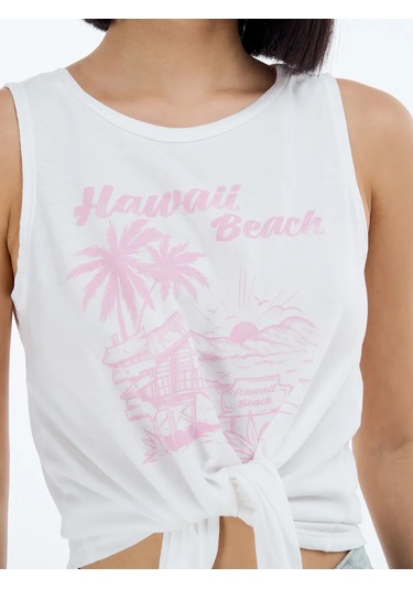 Tvoe Baskılı Yazıdan Belinde Dantel İle Bağlı Yazlık Askılı Üst 226125399 Beyaz