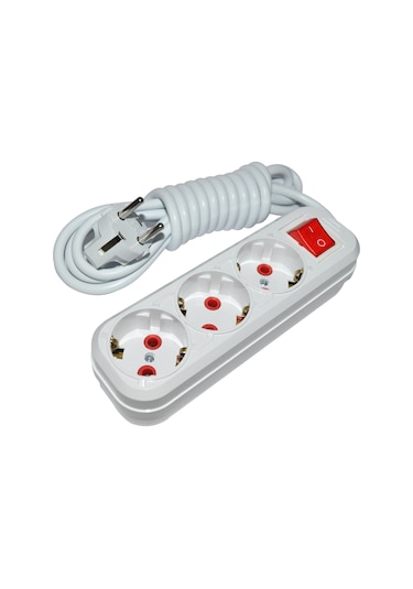 Alkan 02 3005-A 3'lü Anahtarlı Topraklı Grup Priz 5 Metre Beyaz