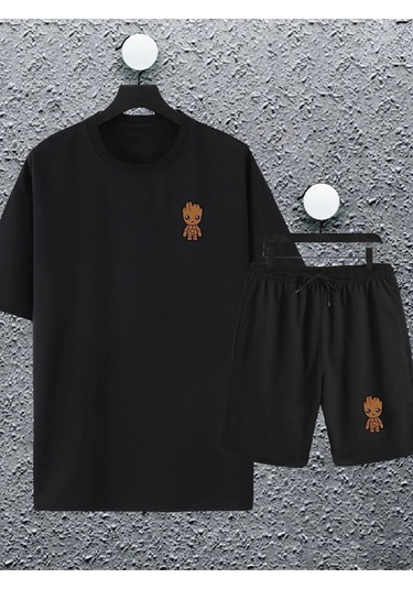 Adrift Unisex Marvel Groot Baskılı Oversize Tshirt Ve Şort Eşofman Takımı Siyah
