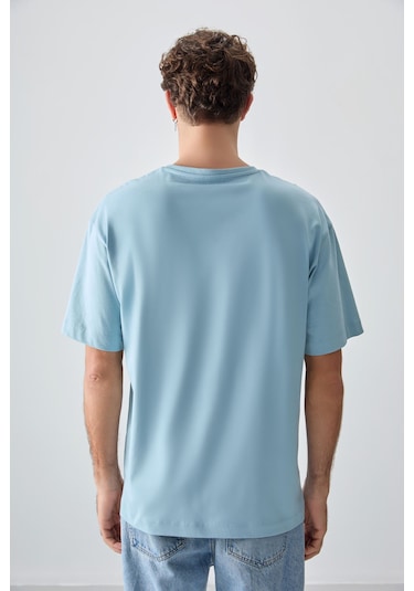 Tommy Life Açık Mavi %100 Pamuk Kalın Yumuşak Dokulu Oversize Fit Baskılı Erkek T-shirt - 88355 Açik Mavi