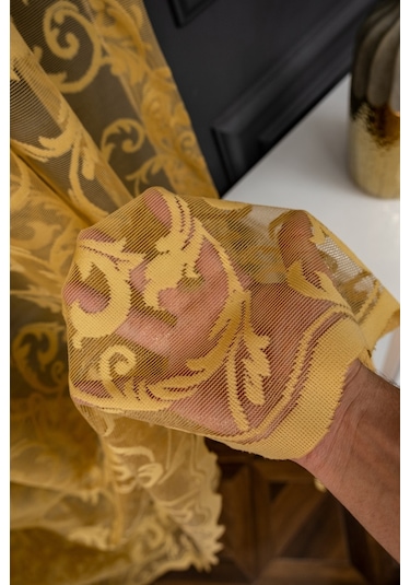 Taç Şal Desen Tül Perde - Hardal