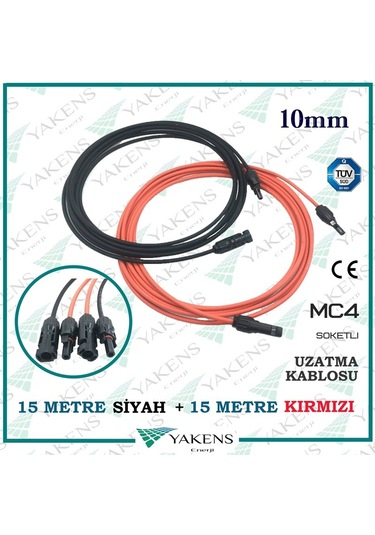 Güneş Paneli Uzatma Kablosu 15m+15m 10mm Çift Taraflı Mc4 Soketli Solar Ara Kablo Siyah Kırmızı