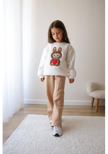 Kız Çocuk 3 İplik Şardonlu Peluş Baskı Detaylı Sweatshirt - Eşofman Alt Üst Takım Ekru