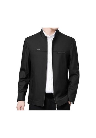 Portmanto Yaka Orta Yaşlı Baba Ceket Düz Renk Uzun Kollu Pürüzsüz Fermuar Kapatma Sıcak Siyah