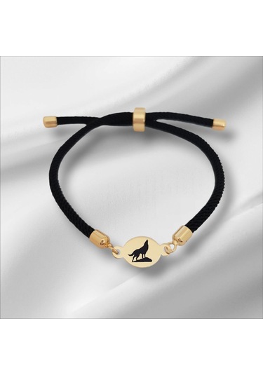 14 Ayar Altın Plakalı Oval Motifli İpek Örgülü Bozkurt Sembollü Hediye Bileklik-320sembol-siyah Altın