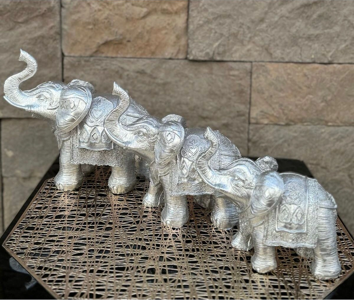 Dekoratif Polyester Üçlü Fil Biblo Gümüş
