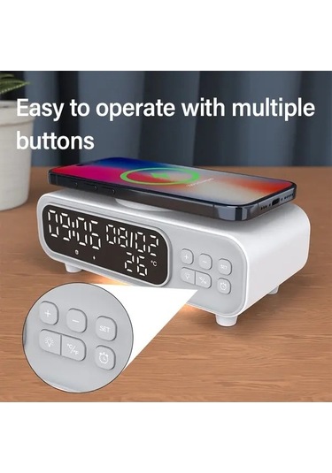 Flybuy Willowhaven 4ü1 Hızlı Kablosuz Şarj Standı Led Gece Lambası Uyku Saati Termometre Beyaz