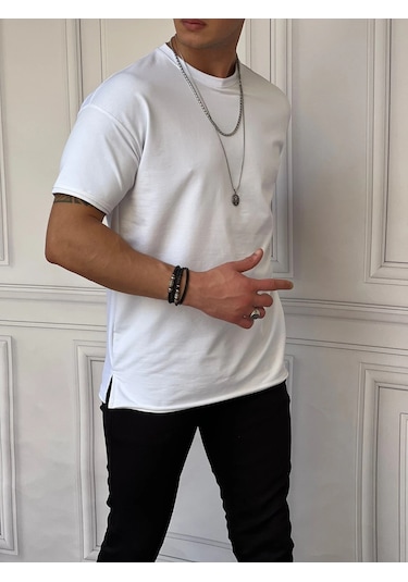 Modefendi Pamuk Likra Yırtmaç Detaylı 2 İplik Oversize Tshirt Beyaz