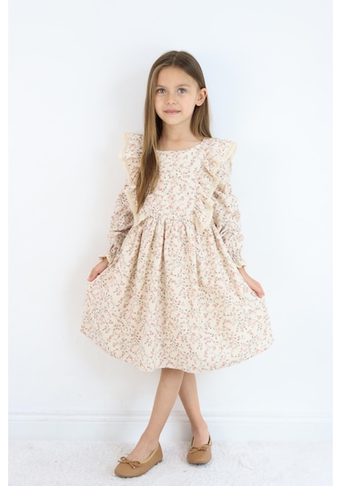 Miababy Rosetan Keten Elbise 1-8 Yaş Kahverengi