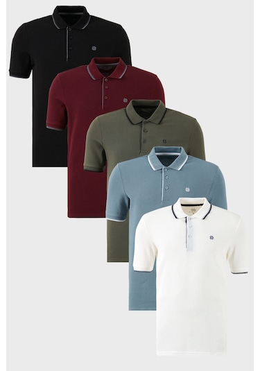 Buratti Pamuklu Slim Fit Şerit Detaylı Düğmeli Polo Yaka 5'Li Paket Erkek T Shirt 5902118S5 Siyah-Beyaz-Mavi-Haki-Vişne
