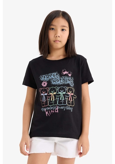 Defacto Kız Çocuk Bisiklet Yaka Baskılı Kısa Kollu Tişört E0350a825smbk81 Siyah