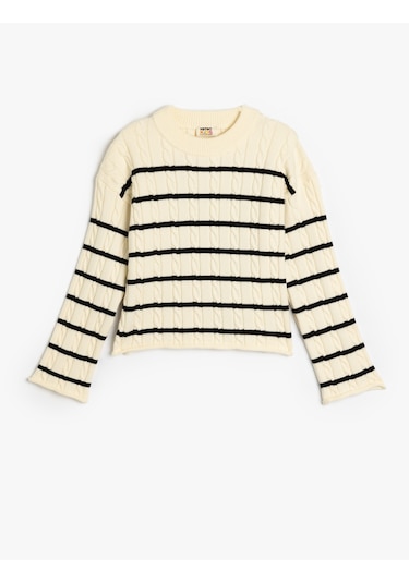 Koton Kazak Uzun Kollu Bisiklet Yaka Viskoz Karışımlı Ekru Çizgili 5wkg90108at Ekru Çizgili