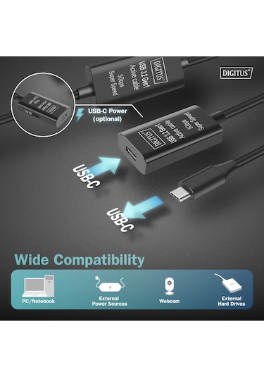 Aktif Usb-c Uzatma Kablosu, 10m 5g, Usb 3.2 Gen1, Usb-c - Usb-c