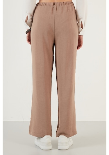 Lela Elastik Bel Bantlı Yırtmaçlı Rahat Kesim Bayan Pantolon 6057038 Vizon