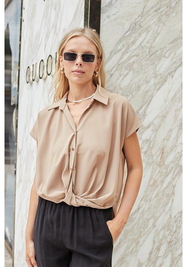 Likrasız Şık Kumaş Yakalı Düşük Omuzlu Önü Pileli Gömlek-vizon Vizon