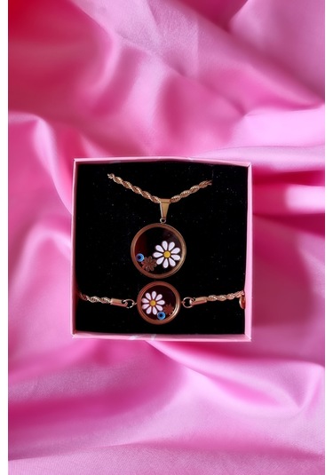 Kadın Çelik Papatya Modelli Kolye Bileklik Set