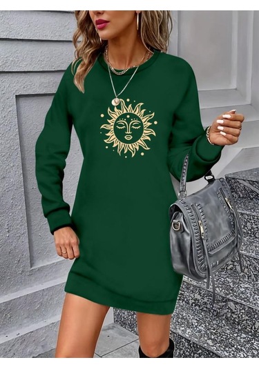Kadın Uzun Kollu Bisiklet Yaka Güneş Desenli Viskon Iki Iplik Elbise Yeşil
