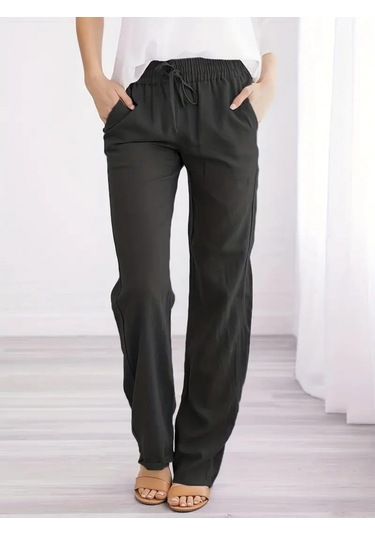 Modaserdem Kadın Beli Lastikli Keten Pantolon Siyah