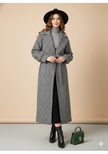 Balıksırtı/Chevron Desenli Yün Palto Kuşak Bağlama Detaylı Uzun Kaban Gri Kışlık Gri
