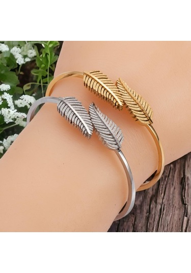 Zarif Yaprak Figürlü Gold Çelik Kelepçe Bileklik - Antialerjik Ve Kararmaz Altın