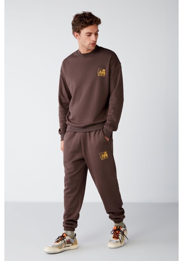 GRIMELANGE Benjı Erkek Yumuşacık Kumaşlı Nakışlı Kahverengi Eşofman Takımı Kahverengi