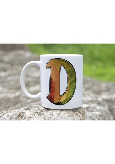 D Harf Yaprak Renkleri İle Kupa Bardak - Kişiye Özel Alfabe Harfli Bardak - Hediye Beyaz