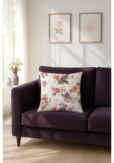 Duck Büyük Güllü Kırlent Kılıfı Mor V1 40x40 Mor