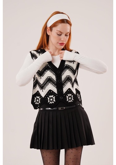 Modasize Zikzak Geçişli Triko Örme Siyah Yelek Siyah