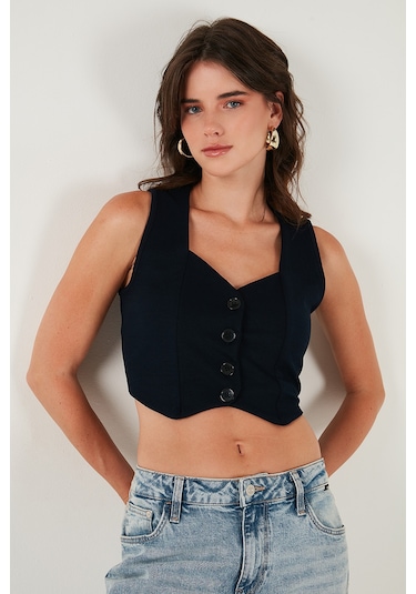 Lela Slim Fit Kalp Yaka Düğmeli Kalın Askılı Crop Bayan Yelek 5865497 Lacivert