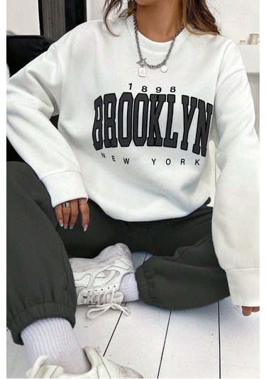 Modagen Kadın Antrasit Beyaz Brooklyn Baskı Oversize Bisiklet Yaka Alt Üst Eşofman Takımı Antrasit-beyaz