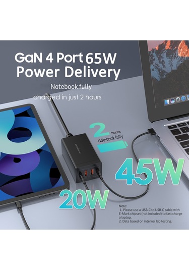 Gajeena 65w Gan Hızlı Şarj İstasyonu - 4 Portlu 2xusb-c + 2xusb-a - Pd3.0 Destekli - Seyahat Ve Çoklu Cihaz Şarjı İçin