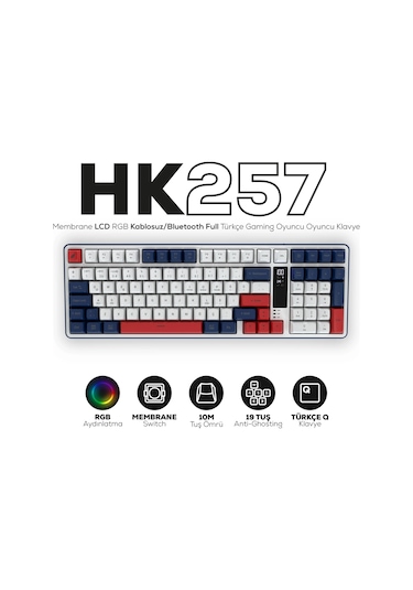Hk257 Membrane Lcd Rgb Kablosuz/bluetooth Kırmızı Mavi Full Türkçe Gaming Klavye