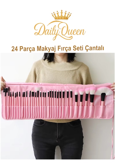 Daily Queen 24 Parça Makyaj Fırça Seti Penbe Deri Çantalı Lüx Ve Kaliteli