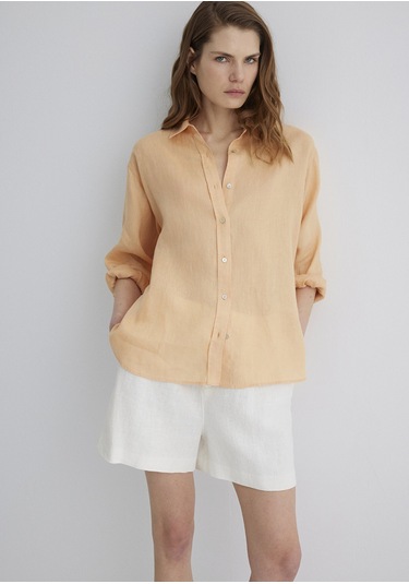 Mavi - Turuncu Keten Gömlek 1210747-71219 Turuncu