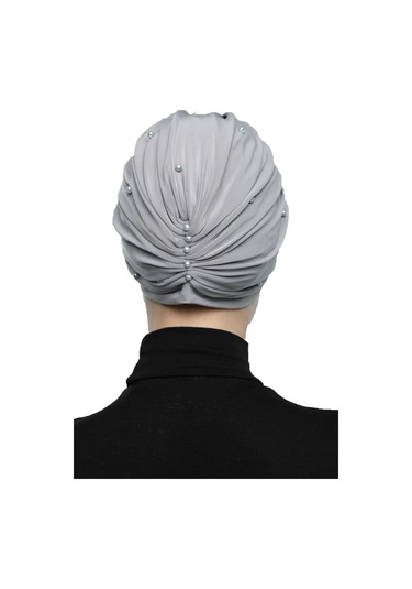 Kopma Astarlı İşlemeli Açık Gri Sarı Dantel Motifli Hazır Türban Tesettür Abiye Bone Açık Gri - Sarı