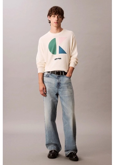 Calvin Klein Jeans Uzun Kollu Renk Bloklu Grafik Pamuklu Beyaz Erkek Kazak Lv04rc303g-yas Beyaz