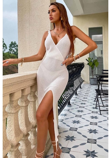 Angelsin Örme Wrap Yaka Yırtmaçlı Plaj Elbisesi Pareo Beyaz