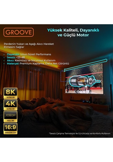 Groove Vizio Pro 200x200cm Blackout Işık Geçirmez Elektrikli Otomatik Kumandalı Projeksiyon Perdesi +motorlu+canlı Renkler+göz Koruması+leke Tutmaz Projector