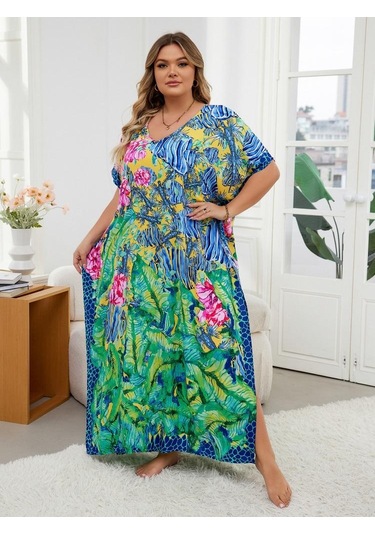 Edolynsa Şık Yeşil Baskılı Kadın Bohem Sabahlık Kaftan Ev Elbisesi Gevşek Tatil Partisi Uzun Elbise Mayo Üst Kıyafet Q1594 Çok Renkli