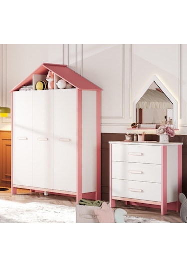 Meltem Kids Cozy Pembe Çocuk Odası Üç Kapılı Dolap