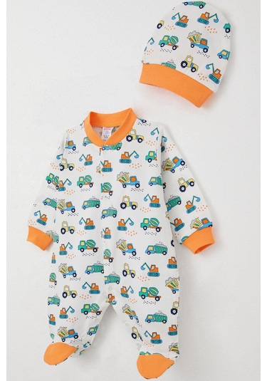 Breeze Erkek Bebek Patikli Tulum İş Makinaları Desenli 0-6 Ay, Beyaz Beyaz