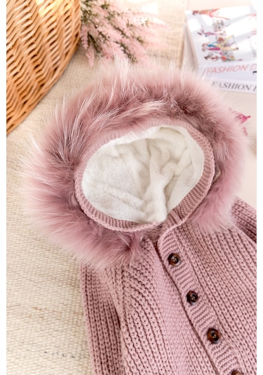 Triko Örgü Kışlık İçi Welsoft Astarlı Kapüşonlu Kız/erkek Bebek Tulum Gülkurusu