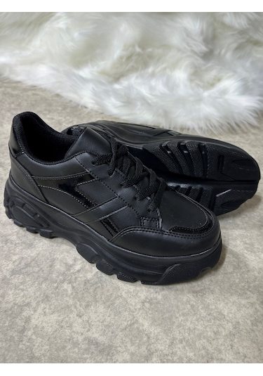 Günlük Kadın Sneaker Kalın Yüksek Taban Bağcıklı Rahat Tiger Şeritli Spor Ayakkabı 032 02 - Siyah Cilt