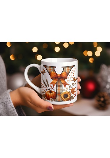 Y Harfi Ekose Ve Sonbahar Temalı Kupa Bardak - Kişiye Özel Sıcak Tonlar Alfabe Kupa - Hediye Beyaz